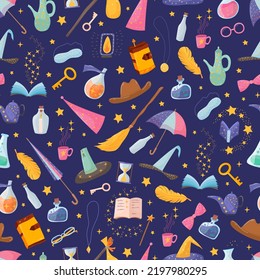 Patrón de brujería. La academia oscura es un patrón místico y transparente. Recortar el fondo dibujado a mano mágica. Símbolos de Halloween. Sombrero mágico, escoba, pociones, reloj de arena. Ilustración vectorial. De vuelta a la escuela