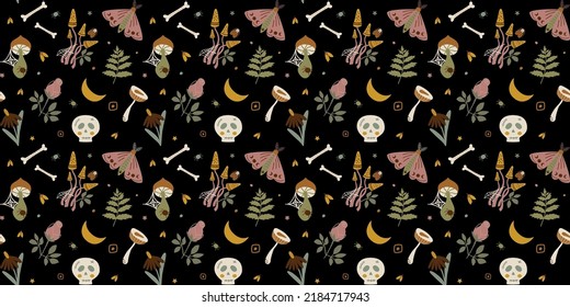 Witchcraft pattern. Dark horror background with human skull, mushroom, mystical mouth, flower moon seamless print. Witch hand drawn symbol Black spooky Halloween vector illustration, horror wallpaper.