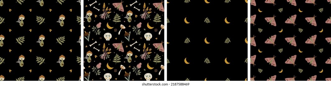 Witchcraft pattern. Dark horror background with human skull, mushroom, mystical mouth, flower moon seamless print. Witch hand drawn symbol Black spooky Halloween vector illustration horror wallpaper.