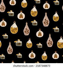 Witchcraft pattern with witch bottle poison with bugs, snake, serenet, spider magic elixir. Witchcraft potion bottle seamless background. Occult vector illustration. Alchemy design print. Esoteric