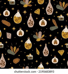Witchcraft pattern with witch bottle poison with bugs, snake, serenet, spider magic elixir, crystals. Witchcraft potion bottle seamless background. Occult vector illustration Alchemy design print.