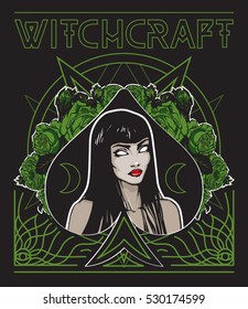 Witchcraft poster. Occult vector illustration of witch in floral spades sign with 	
tracery ornament and pentagram on background. Poster, t-shirt print.