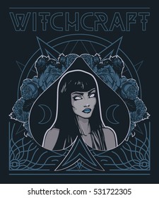 Witchcraft poster. Occult vector illustration of witch in floral spades sign with tracery ornament and pentagram on background. Poster, t-shirt print.