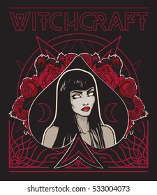 Witchcraft poster. Occult vector illustration of witch in floral spades sign with 	
tracery ornament and pentagram on background. Poster, t-shirt print.