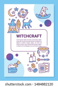 Witchcraft poster template layout. Banner, booklet, leaflet print design with linear icons. Witch and cat, magic wand and spellbook. Vector brochure page layouts for magazines, advertising flyers