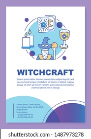 Witchcraft poster template layout. Wizard and tarot cards. Banner, booklet, leaflet print design with linear icons. Fortune telling. Vector brochure page layouts for magazines, advertising flyers