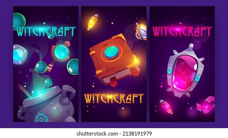 Witchcraft posters with magic amulets, mirror, book of spell, cauldron and potions. Vector vertical banners with cartoon illustration of wizard equipment, mage book, elixir flask, crystal, pendant