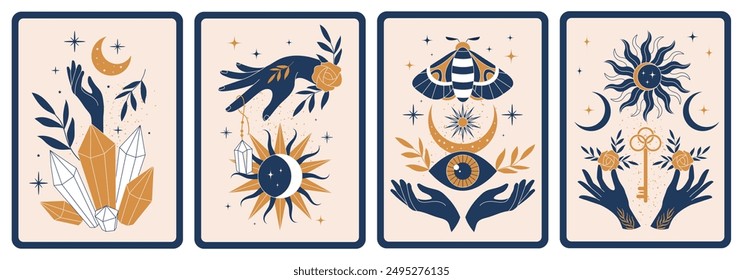 Witchcraft posters. Magician and mysticism alchemical concept pictures on placard with place for text recent vector occult objets