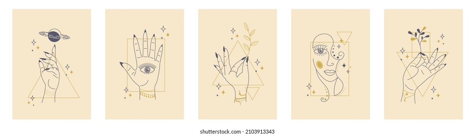 Witchcraft posters set. Mystical magical elements, female hands. Vector stock illustration in a linear style. 