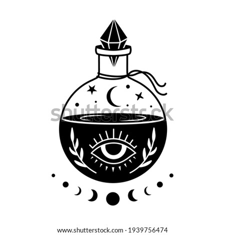 Witchcraft potion bottle. boho mystical monochrome illustration. Bottle silhouette with magic elixir or poison. Occult vector symbol. Alchemy design element. Esoteric mystic poster.