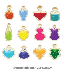 Witchcraft Potion Bottles Set, Magical Substances in Glass Bottles, Chemical Fluid, Mystical Mixture, Poison Collection
