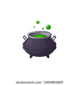 Witchcraft potion in cauldron, cartoon vector illustration isolated on white background. Green slurry boils and bubbles in pot, large saucepan or vat for a wizard or witch. Ui or game design icon
