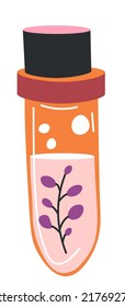 Witchcraft potion or elixir, isolated glass bottle with herbs and liquid with bubbles. Substance for spells, container with witch brew. Natural perfumes with branches of flower. Vector in flat style