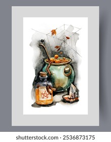 Witchcraft potion for Halloween brewed by witch in cauldron on wall art. Watercolor artwork. Print with still life on theme Halloween with creepy web woven by insects, in frame with decor for poster