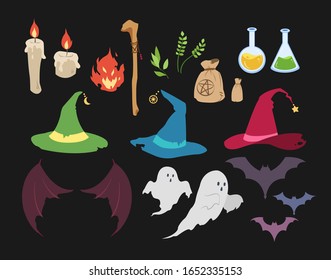 Witchcraft related elements set on dark grey background