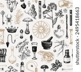 Witchcraft seamless pattern. Bohemian background. Magic ingredients and floral elements. Antique apothecary, alchemy, tarot card design. NOT AI generated