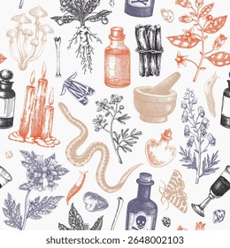 Witchcraft seamless pattern. Bohemian background. Witch herbs, poisonous plants, magic ingredients, animals and floral elements. NOT AI generated