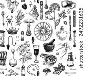 Witchcraft seamless pattern. Bohemian style background. Magic ingredients and floral elements. Antique apothecary, alchemy, tarot card design. NOT AI generated