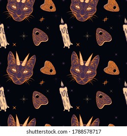 Witchcraft seamless pattern with devil cat,  ouija board and candle. Mystic, occult background. Trendy vector illustration.