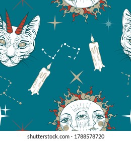 Witchcraft seamless pattern with devil cat, sun and candle. Mystic, occult background. Trendy vector illustration.