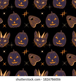 Witchcraft seamless pattern with devil cat, ouija board and halloween pumpkin. Mystic, occult background. Trendy vector illustration.