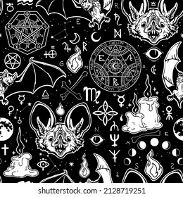 witchcraft seamless pattern with different magic witchcraft  elements and animals