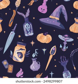Witchcraft seamless pattern. Happy Halloween day magic vector print design with snake, crystal, bat, knife, taro, hat. Kids cartoon flat vector repeat background for gift paper, packaging, wallpaper