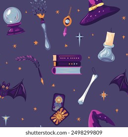 Patrón de brujería sin fisuras. Feliz día de Halloween diseño de impresión de Vector mágico con sombrero, cristal, murciélago, vela, taro, libros. Fondo plano de la repetición del Vector de la historieta de los niños para el papel de regalo, empaquetado, Fondo de pantalla