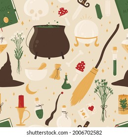 Witchcraft seamless pattern. Magical occult elements for magic shop for witches concept. Esoteric and mystic symbols. Vector illustration in cartoon style. Isolated on white background.