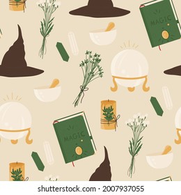 Hexerei nahtloses Muster. Magische okkulte Elemente für Zaubershop für Hexen Konzept. Esoterische und mystische Symbole. Vektorgrafik im Cartoon-Stil. Einzeln auf weißem Hintergrund.