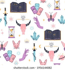 Witchcraft seamless pattern, mystic magical symbols, hand drawn mystery repeat wallpaper, modern style elements for print design. Crystal, tarot cards, potion. Vector illustration for fabric, textile