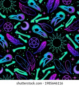 witchcraft seamless pattern with skulls and bird bones as well as magic symbols