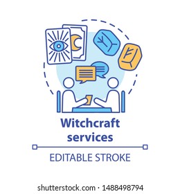 Witchcraft services concept icon. Fortune telling and divination idea thin line illustration. Rune stones, psychic with client and tarot cards vector isolated outline drawing. Editable stroke