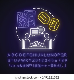 Witchcraft services neon light concept icon. Fortune telling and divination idea. Glowing sign with alphabet, numbers and symbols. Rune stones, psychic and tarot cards vector isolated illustration