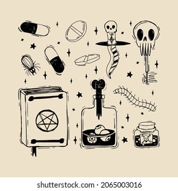 Witchcraft set of alchemy elements Bottles with poison and potion Collection of vintage magic items Occultism symbols Esoteric signs Mystical doodle vector illustration hand-drawn Halloween