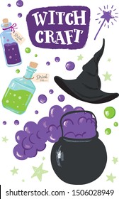 Witchcraft set. Bottles of potion, cauldron, witch hat, magic wand. Set in purple and bright green colors.