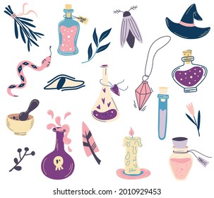 Equipo de brujería. Botellas con poción, ojo malvado, cristal, serpiente, vela, polilla. Gran mano dibujar colección de símbolos esotéricos mágicos. Para tatuajes, textiles, cartas, decoración de Halloween. Ilustración de dibujos animados