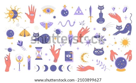 Witchcraft set, collection of magical mystical elements isolated on white background. Space elements, female hands. Vector stock illustration. 