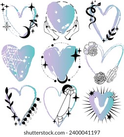 Juego de elementos de brujería para el día de San Valentín. Colección gótica de cuadros para bodas. Mis corazones celestiales místicos. Concepto espiritual místico para afiches o camisetas. Magia esotérica. Ilustración del vector