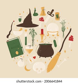 Hexerei-Set. Glücksspiel-Set. Magische okkulte Elemente für Zaubershop für Hexen Konzept. Esoterische und mystische Symbole. Vektorgrafik im Cartoon-Stil. Einzeln auf weißem Hintergrund.