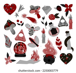 Witchcraft set. Hand drawn gothic mystery collection. Magic objects in red-black-gray colors isolated on white background .