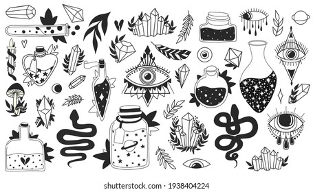 Witchcraft Set. Magic Esoteric Symbols Collection. Black Isolated Icons On White Background. Evil Eye, Crystal, Snake, Bottles With Potion. Halloween Concept. Vector Illustration. 