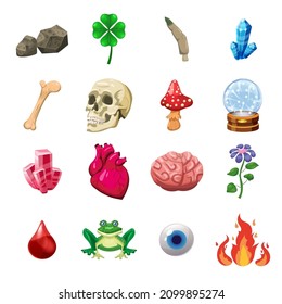La brujería puso la escoria mágica, el corazón, el cristal, la bola, el ojo, el trébol, la seta, el cerebro, la rana. Estilo de la caricatura de ilustraciones vectoriales