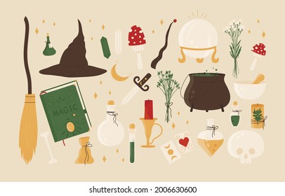 Hexerei-Set. Magische okkulte Elemente für Zaubershop für Hexen Konzept. Esoterische und mystische Symbole. Vektorgrafik im Cartoon-Stil. Einzeln auf weißem Hintergrund.