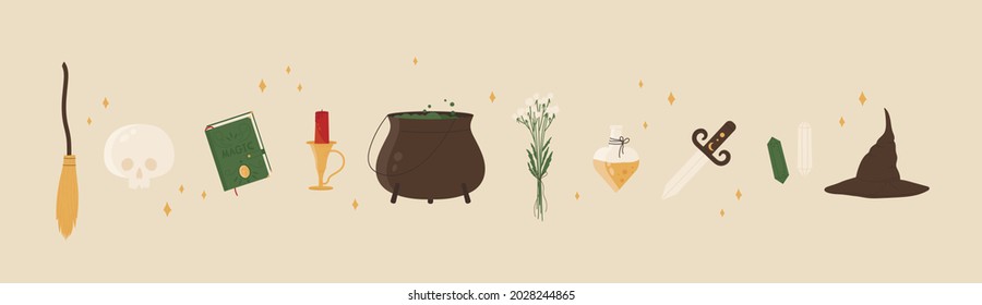 Equipo de brujería. Elementos ocultos mágicos para el concepto de tienda de magia para brujas. Símbolos estotéricos y místicos. Ilustración vectorial al estilo de las caricaturas. Aislado sobre fondo blanco.