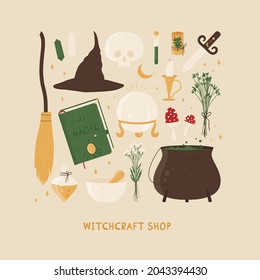 Equipo de brujería. Elementos ocultos mágicos para el concepto de tienda de magia para brujas. Símbolos estotéricos y místicos. Ilustración vectorial al estilo de las caricaturas. Aislado sobre fondo blanco.