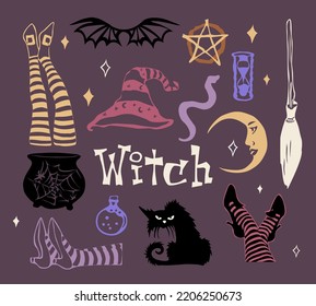 Witchcraft set - mystical items for wizardry, enchantment, astrology and clairvoyance hand drawn colorful sketch on dark background. Vector art illustrations - witches legs, hat, poison, snake, cat.