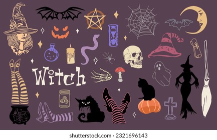 Juego de brujería - artículos místicos para la magia, el encanto, la astrología y la clarividencia dibujados a mano con dibujos coloridos sobre el fondo oscuro. Ilustraciones de arte vectorial - brujas piernas, sombrero, veneno, serpiente, gato.