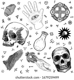 Hexerei-Set von okkulten Medium Lesegeräten. Alchemie, Religion und Spiritualität Okkultismus. Hexe magische Elemente gesetzt. Menschlicher Schädel, Glas-Tasse, Handleser aus Palmblättern, Frau Hexenpalme. Vektorillustration