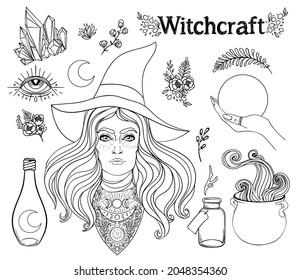 Witchcraft set. Ouija planchette , cauldron, crystal ball, poison bottle, herbs and flowers. Vector illustration isolated on white. Gothic design, magician symbol  in black outlines. Future telling.